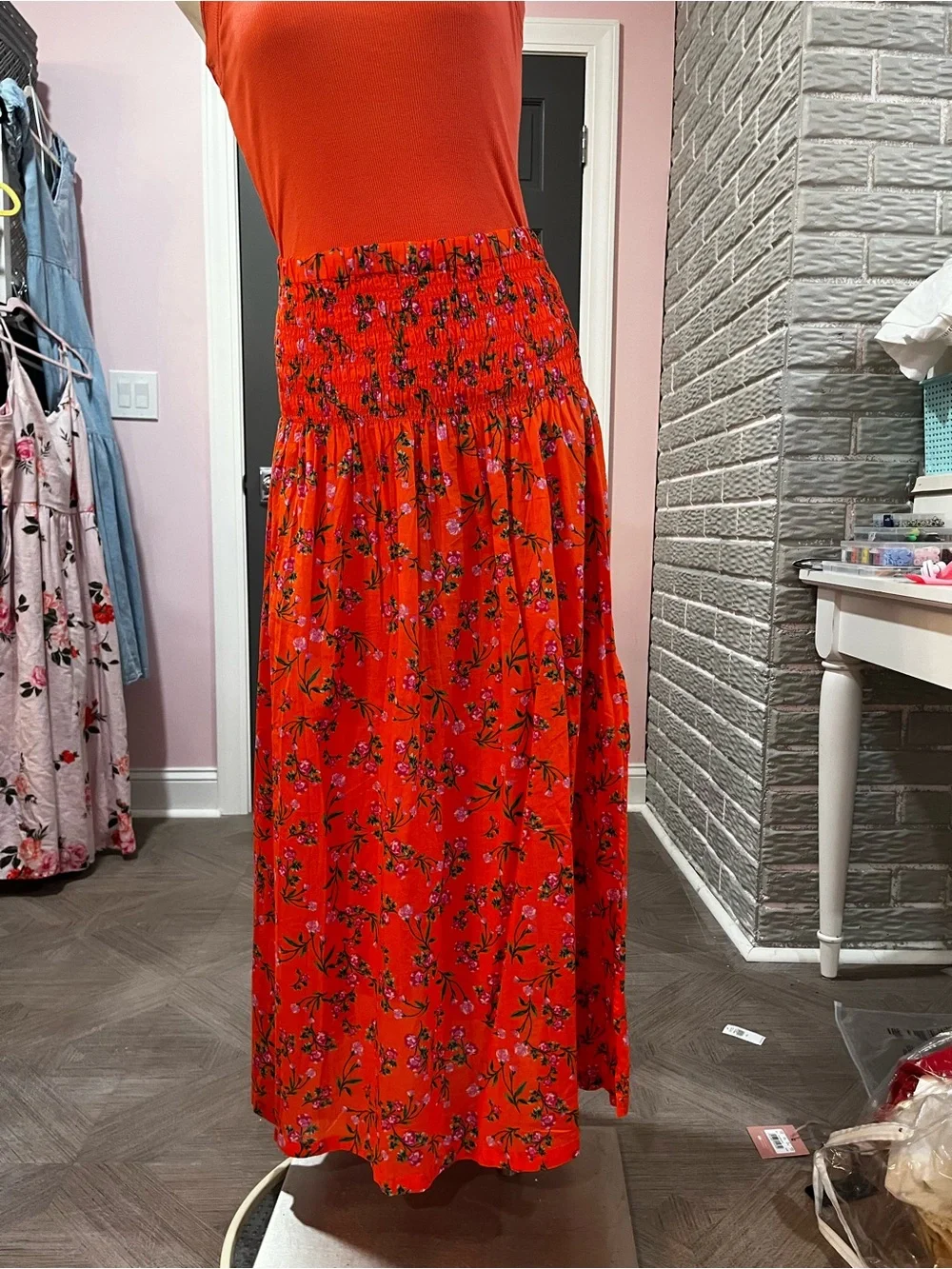J. Crew Orange Floral Maxi Skirt with Smocked Waist